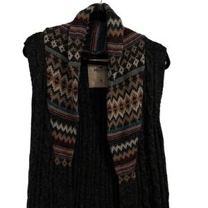 Hollister Womens Fair Isle Cable Knit Longline Sweater Vest Grey Wool Blend M/L‎